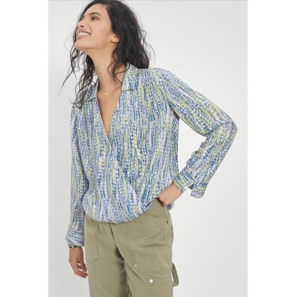 Pilcro Tops - Pilcro Tisha Surplice Long Sleeve Collared Blouse Top Blue Print M